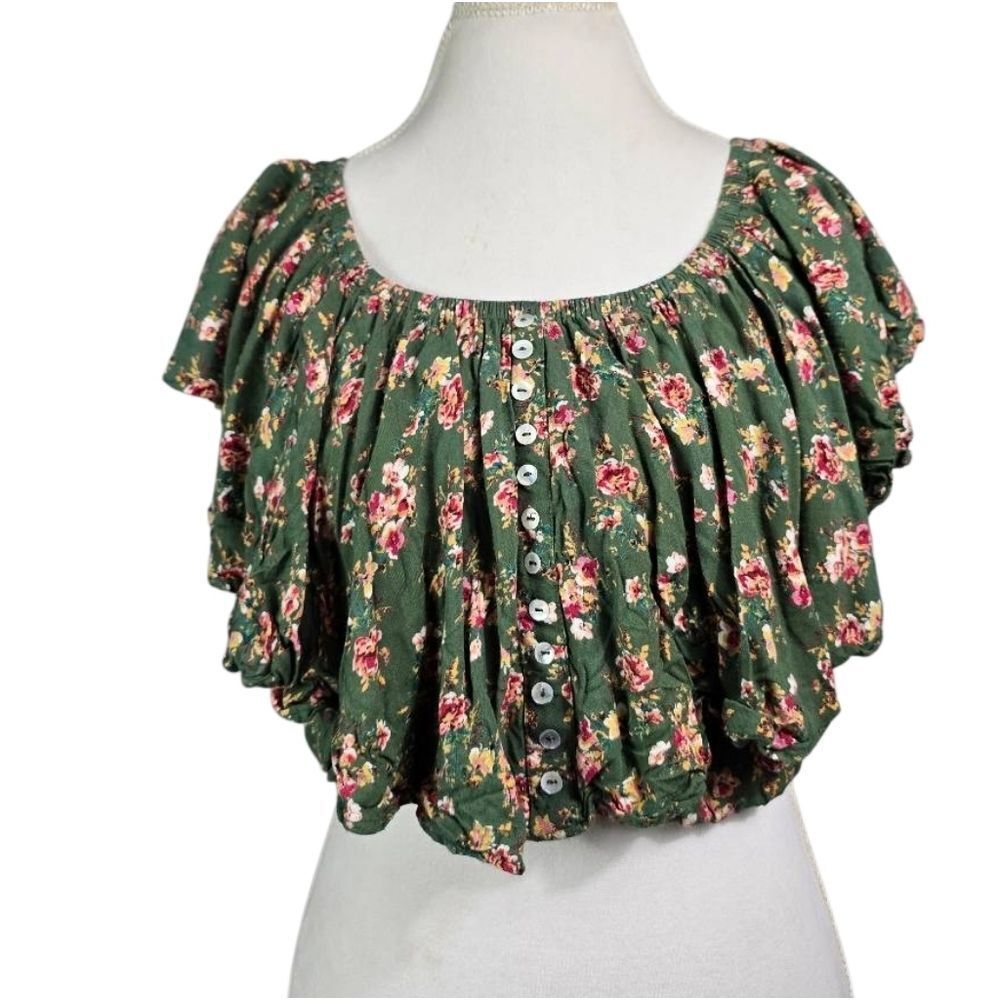 Romantic Gypsy Boho Green Floral Ruffle Crop Top Size M